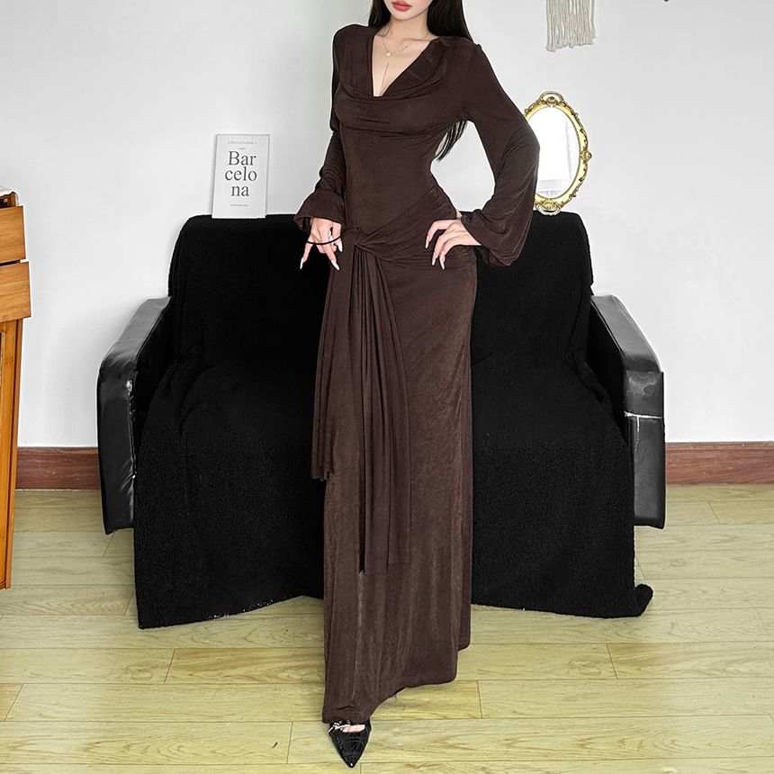 Puff Sleeve V-Neck Plain Tie-Waist Maxi Dress