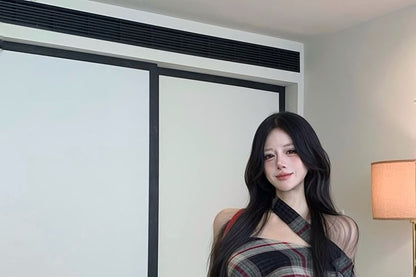 Off-Shoulder Plaid Crop Blouse with Long Sleeves and Asymmetrical Hem