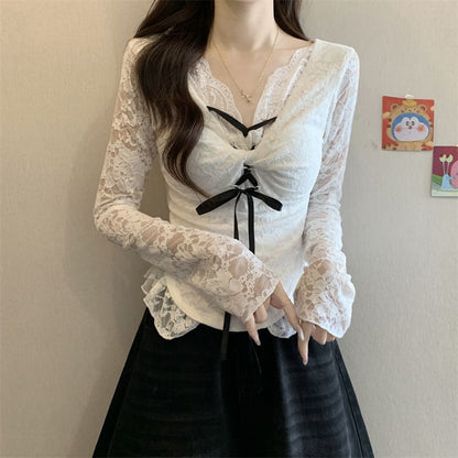 Slim-Fit Top with V-Neck, Long Sleeves, Bow Accent, and Twisted Lace Detail