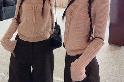 Scoop Neck Knit Top with Long Sleeves and Bow Accent Plain Design