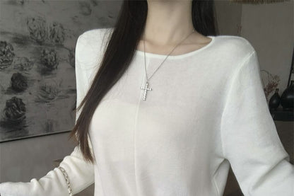 Crew Neck Knit Top with Long Sleeves and Tie Waist Detail