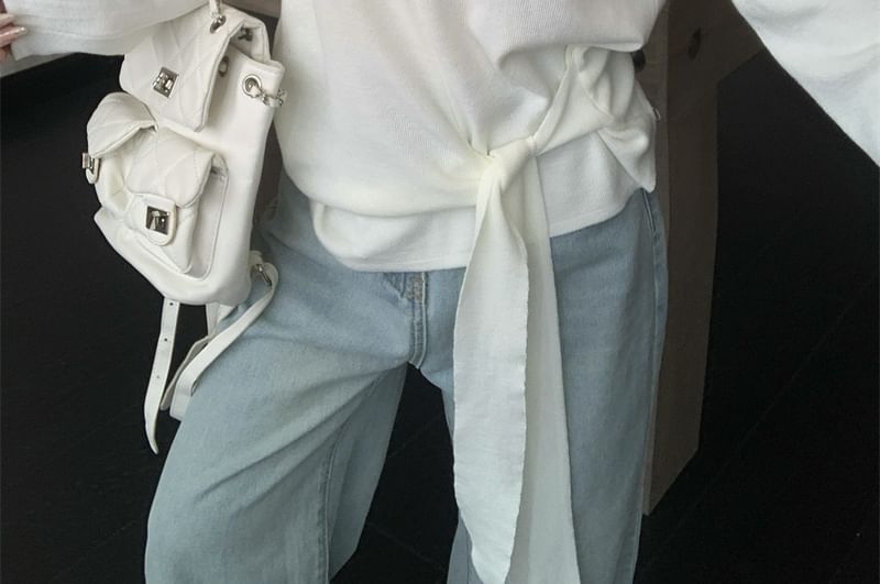 Crew Neck Knit Top with Long Sleeves and Tie Waist Detail