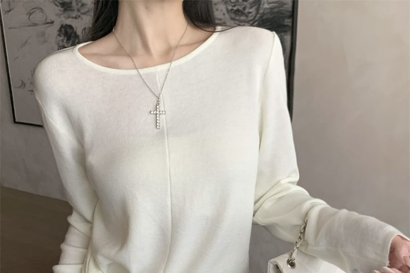 Crew Neck Knit Top with Long Sleeves and Tie Waist Detail