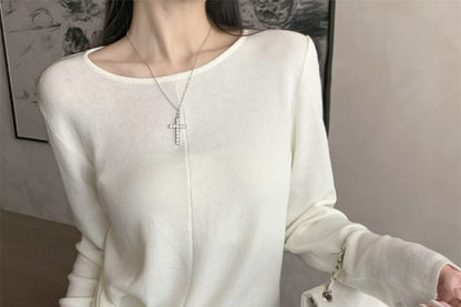 Crew Neck Knit Top with Long Sleeves and Tie Waist Detail