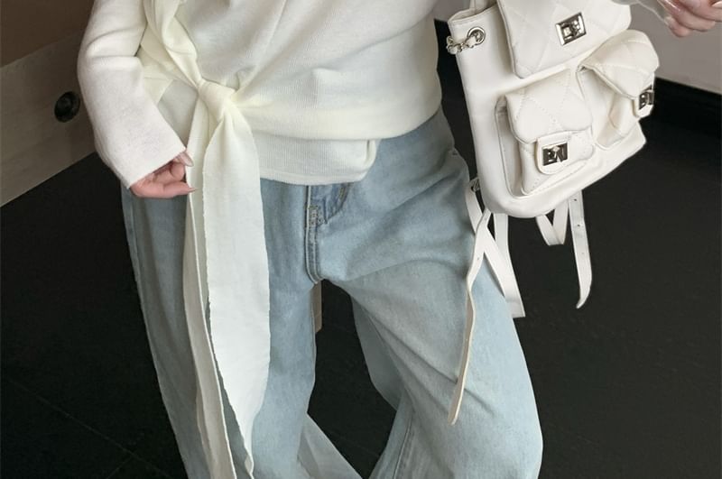 Crew Neck Knit Top with Long Sleeves and Tie Waist Detail