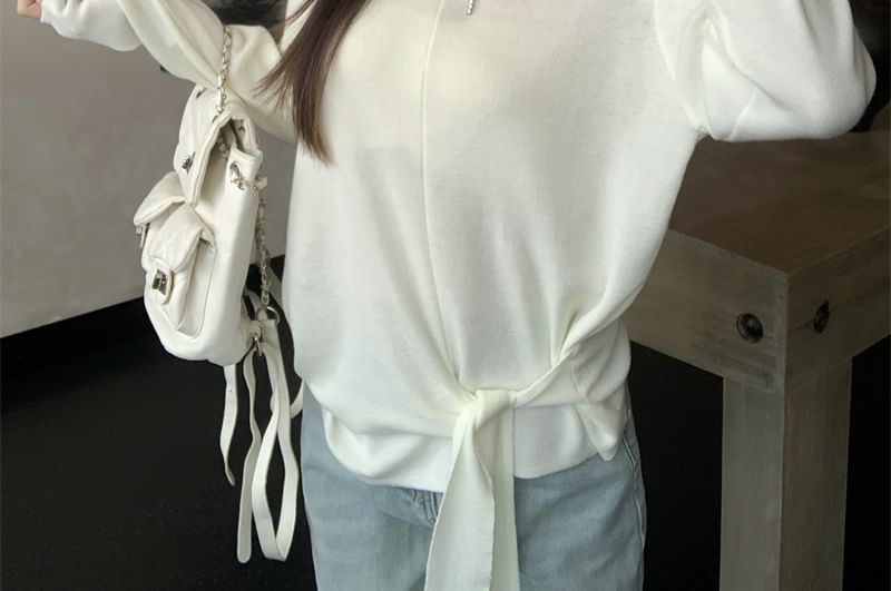Crew Neck Knit Top with Long Sleeves and Tie Waist Detail