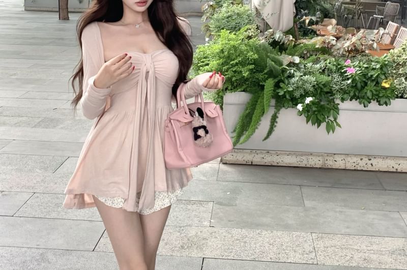 Gathered Padded Solid Tube Top with Matching Cardigan