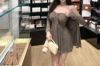 Gathered Padded Solid Tube Top with Matching Cardigan