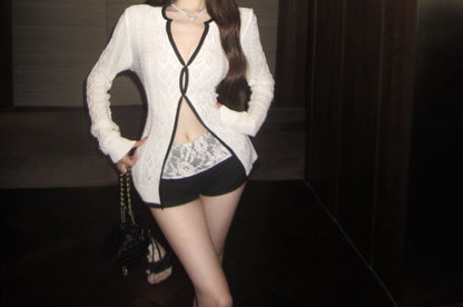 Long Sleeve V-Neck Knit Top with Contrast Trim and Slit Pointelle, Paired with Mid-Rise Lace Shorts