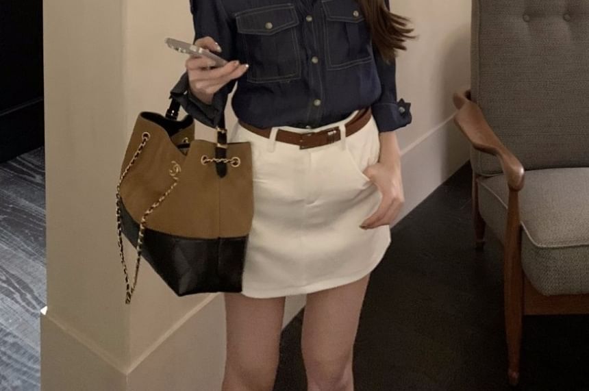 Denim Long Sleeve Shirt & Mini Skirt