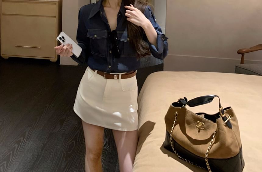 Denim Long Sleeve Shirt & Mini Skirt