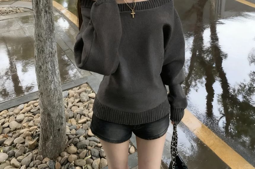 Off-Shoulder Plain Sweater with Relaxed Fit
