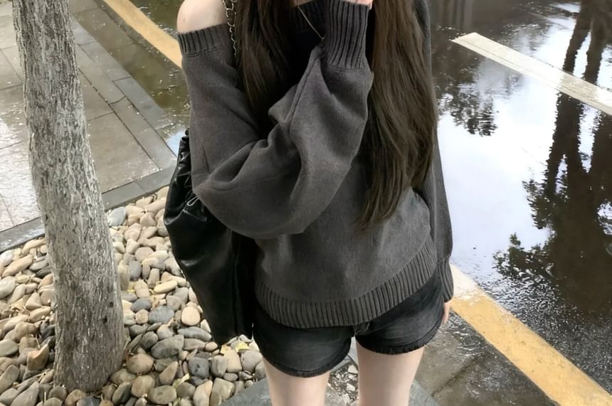 Off-Shoulder Plain Sweater with Relaxed Fit