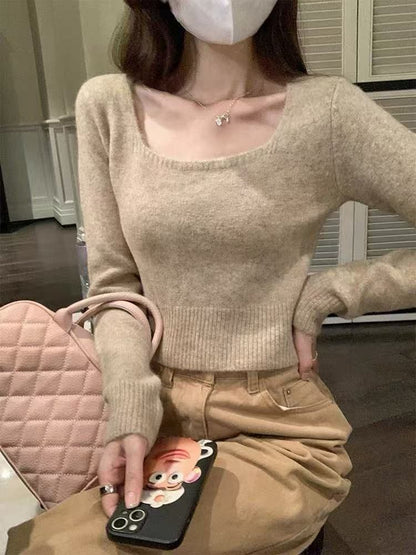 Solid Square-Neck Knit Pullover Sweater
