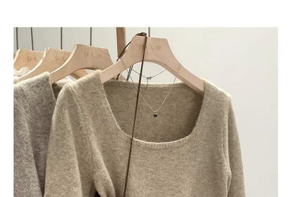 Solid Square-Neck Knit Pullover Sweater