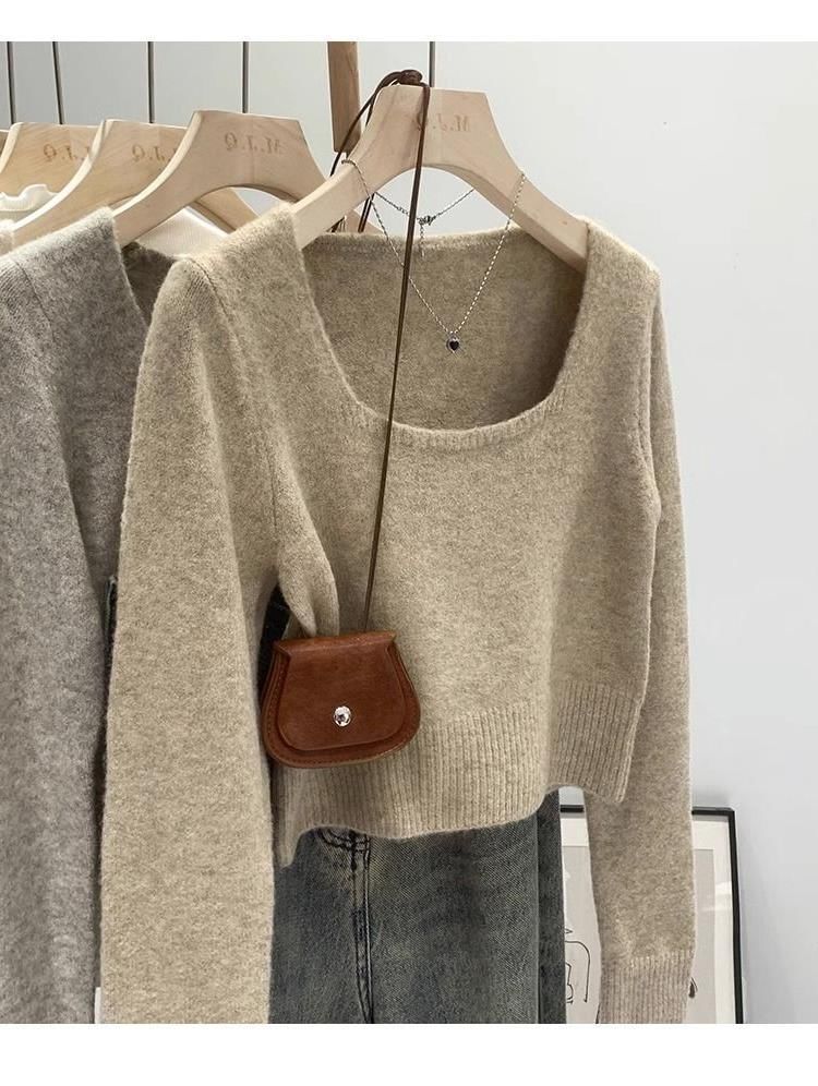 Solid Square-Neck Knit Pullover Sweater