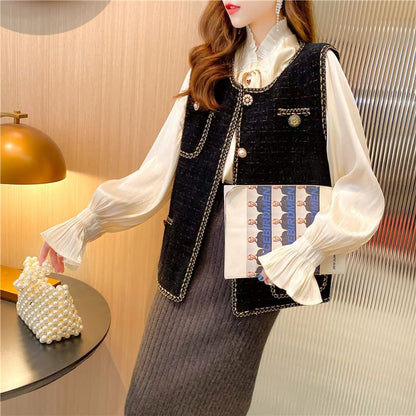 Tweed Round-Neck Vest with Faux Pearl Buttons