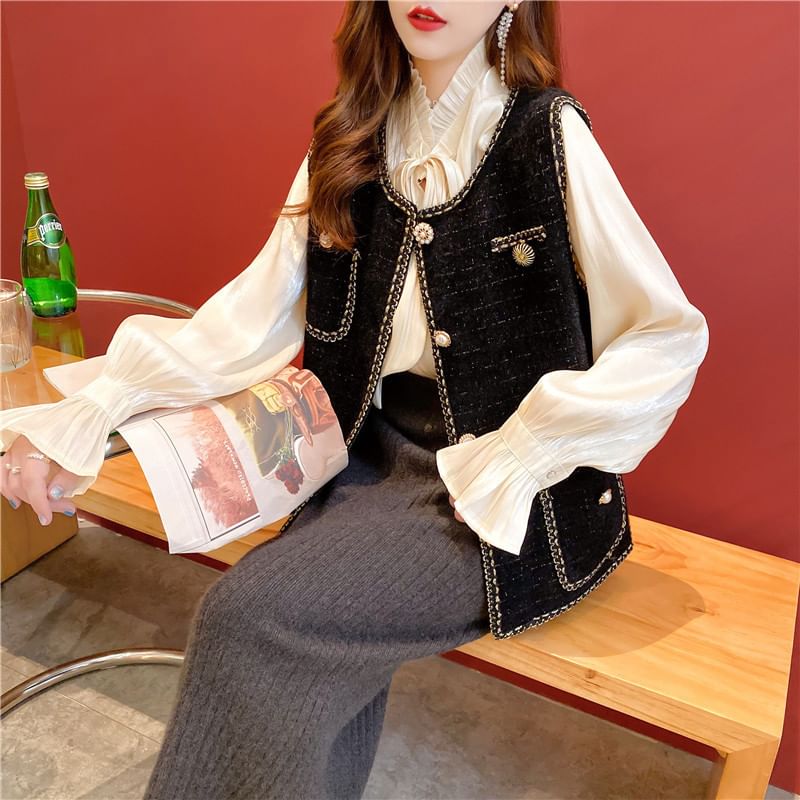 Tweed Round-Neck Vest with Faux Pearl Buttons