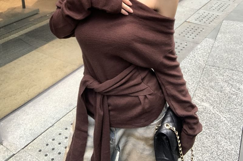 Knot-Front Off-Shoulder Long-Sleeve Solid Knit Blouse