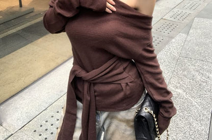 Knot-Front Off-Shoulder Long-Sleeve Solid Knit Blouse