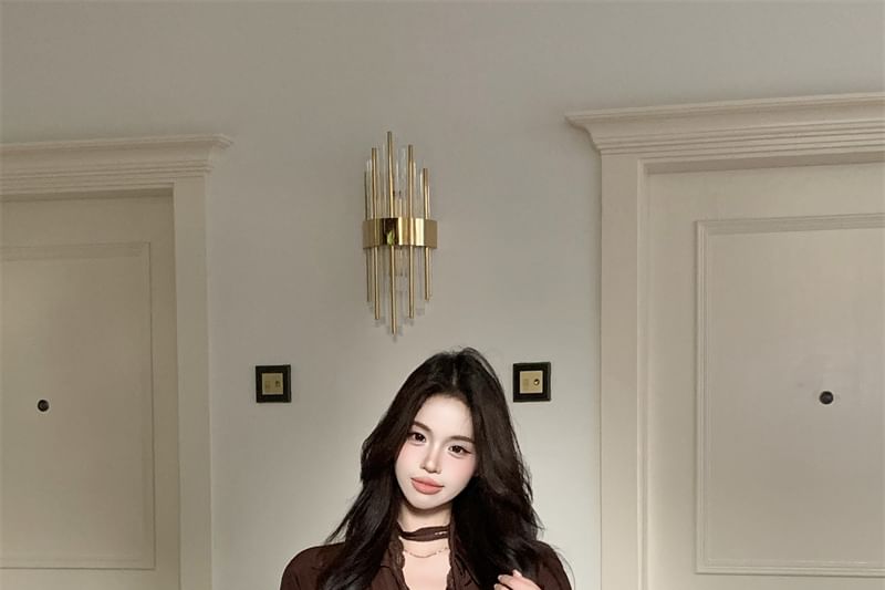 Puff Sleeve Choker Neck Button-Up Top & Leopard Mini Skirt
