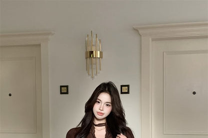 Puff Sleeve Choker Neck Button-Up Top & Leopard Mini Skirt