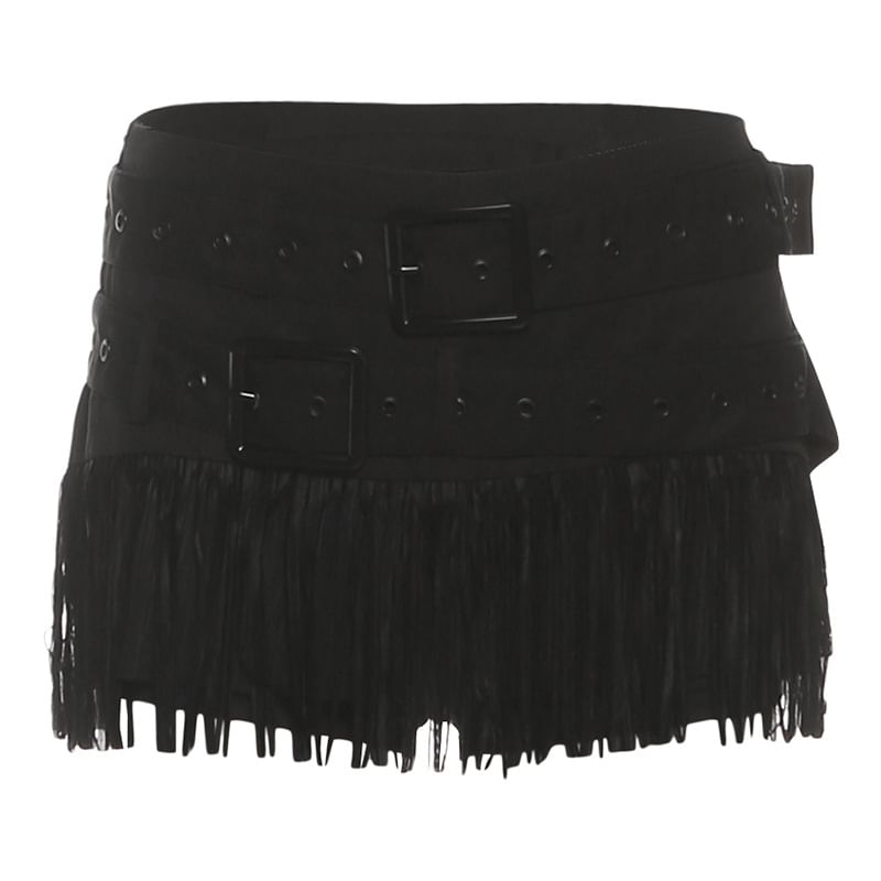Mid Rise Belted Fringe Mini Pencil Skirt