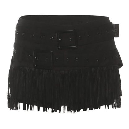 Mid Rise Belted Fringe Mini Pencil Skirt
