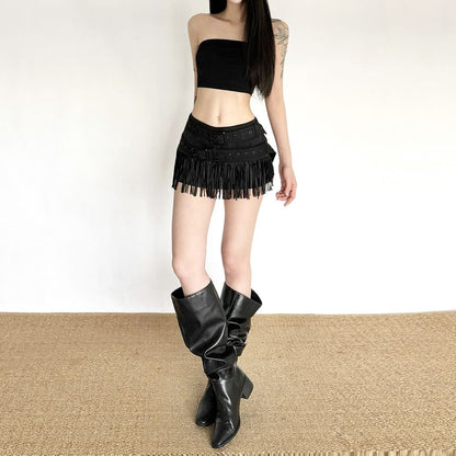 Mid Rise Belted Fringe Mini Pencil Skirt