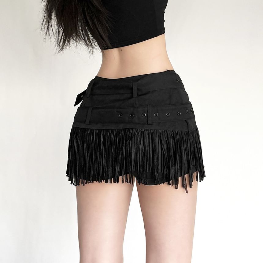Mid Rise Belted Fringe Mini Pencil Skirt