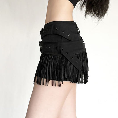 Mid Rise Belted Fringe Mini Pencil Skirt