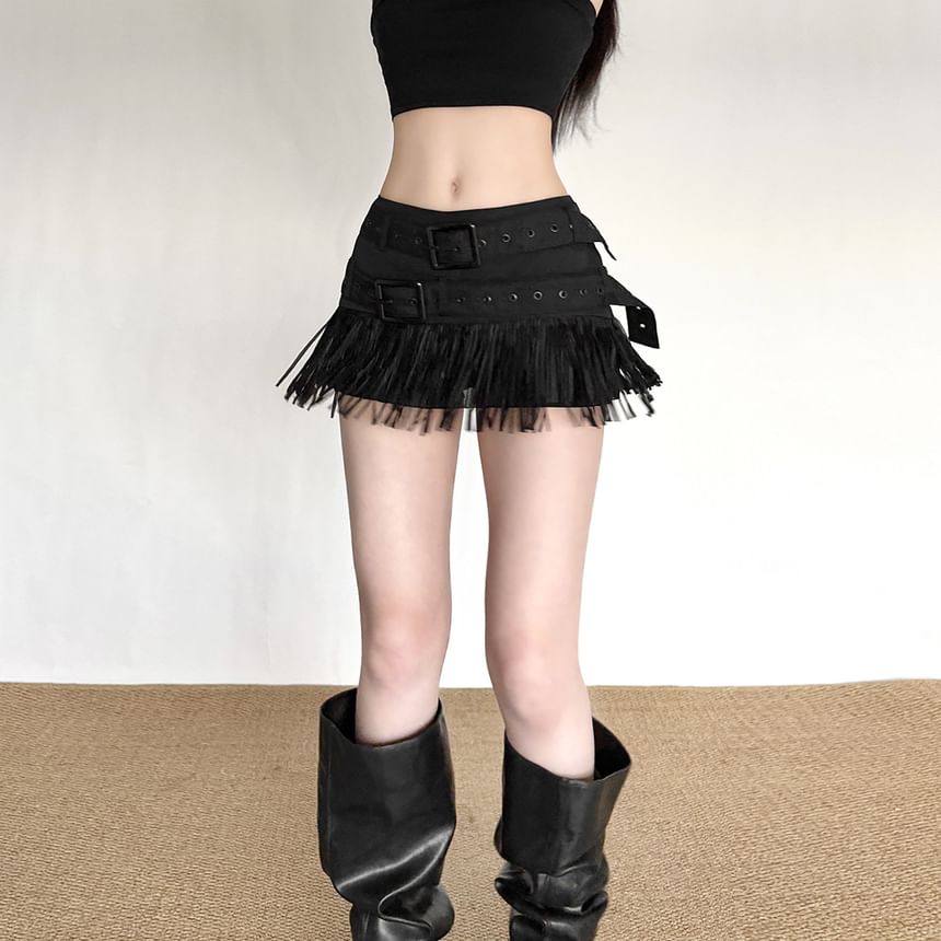 Mid Rise Belted Fringe Mini Pencil Skirt