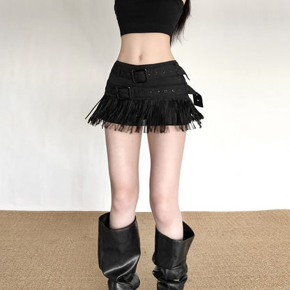 Mid Rise Belted Fringe Mini Pencil Skirt