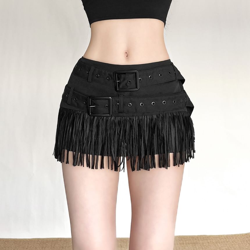 Mid Rise Belted Fringe Mini Pencil Skirt