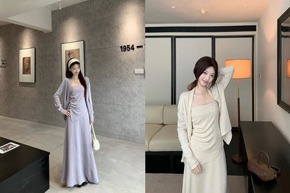 Asymmetrical Slim-Fit Cami Top with Maxi A-Line Skirt and Open Front Cardigan in Plain Design