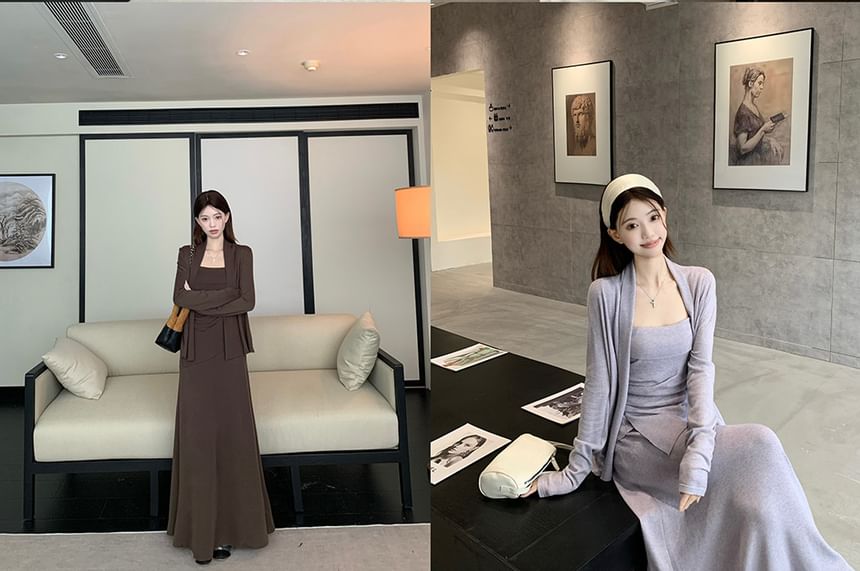 Asymmetrical Slim-Fit Cami Top with Maxi A-Line Skirt and Open Front Cardigan in Plain Design