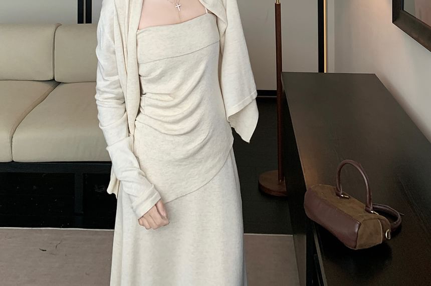 Asymmetrical Slim-Fit Cami Top with Maxi A-Line Skirt and Open Front Cardigan in Plain Design