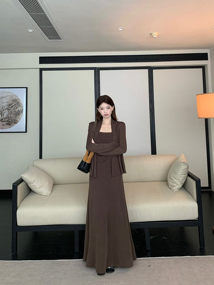 Asymmetrical Slim-Fit Cami Top with Maxi A-Line Skirt and Open Front Cardigan in Plain Design