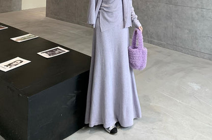 Asymmetrical Slim-Fit Cami Top with Maxi A-Line Skirt and Open Front Cardigan in Plain Design