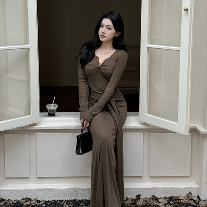 Long-Sleeve V-Neck Plain Knot Lace Trim Maxi Sheath Dress
