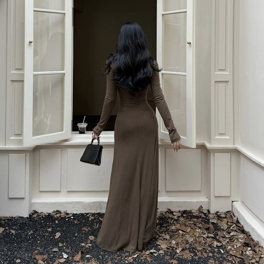 Long-Sleeve V-Neck Plain Knot Lace Trim Maxi Sheath Dress