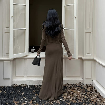 Long-Sleeve V-Neck Plain Knot Lace Trim Maxi Sheath Dress