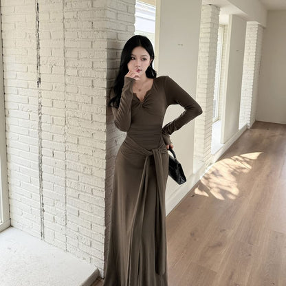 Long-Sleeve V-Neck Plain Knot Lace Trim Maxi Sheath Dress