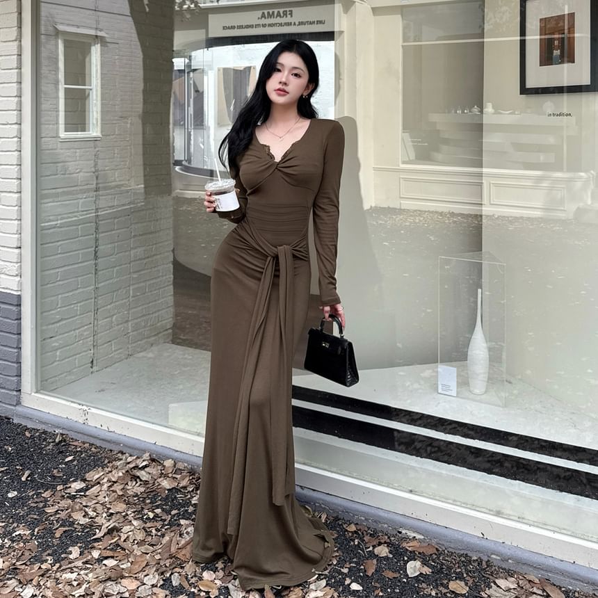 Long-Sleeve V-Neck Plain Knot Lace Trim Maxi Sheath Dress