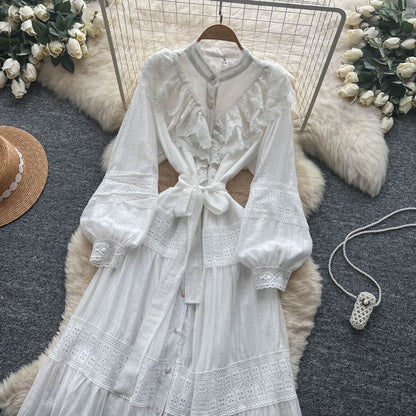Long Sleeve Stand Collar Plain Tiered Button Panel Lace Maxi A-Line Dress