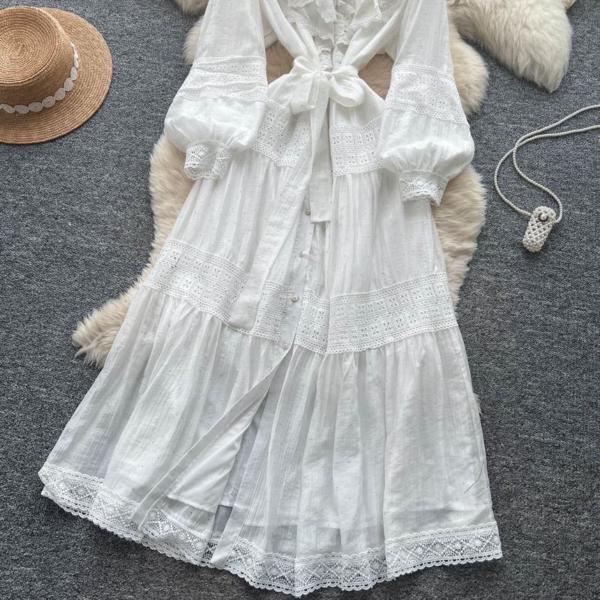 Long Sleeve Stand Collar Plain Tiered Button Panel Lace Maxi A-Line Dress