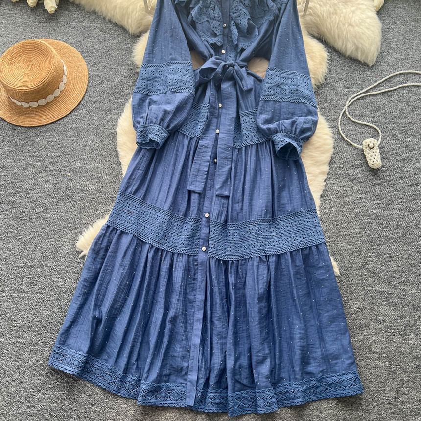 Long Sleeve Stand Collar Plain Tiered Button Panel Lace Maxi A-Line Dress