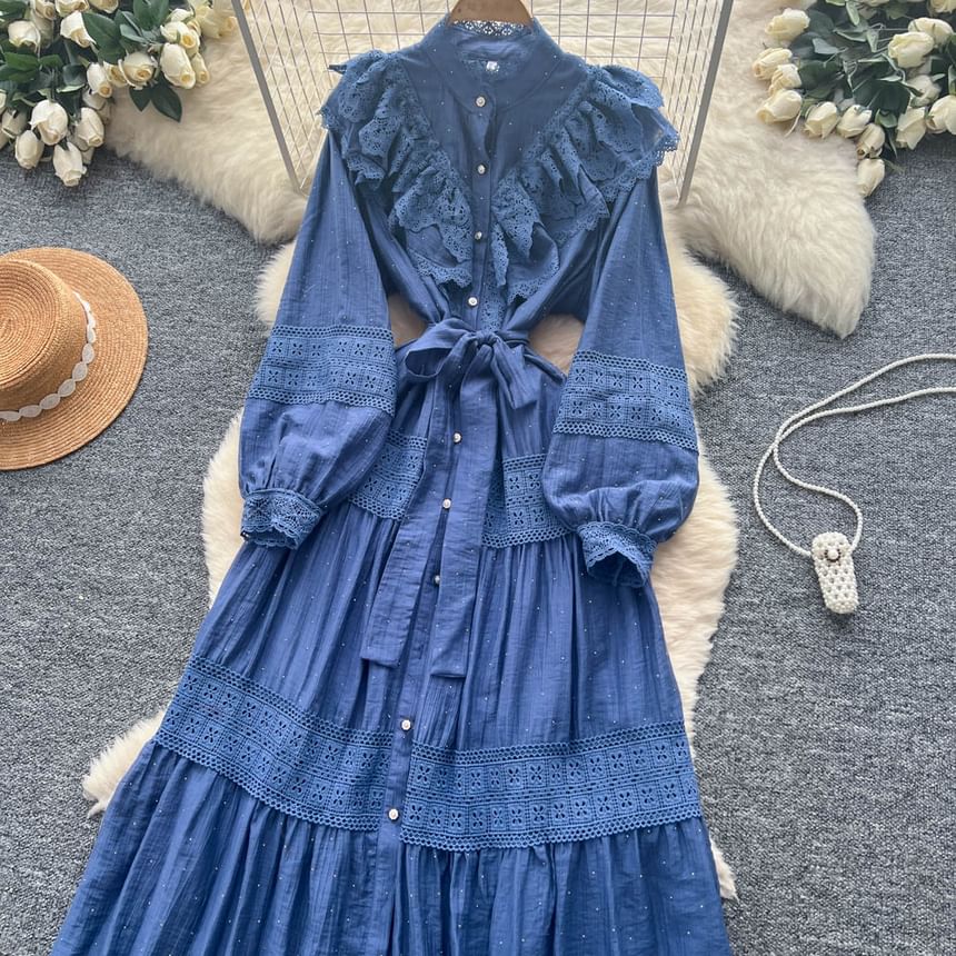 Long Sleeve Stand Collar Plain Tiered Button Panel Lace Maxi A-Line Dress