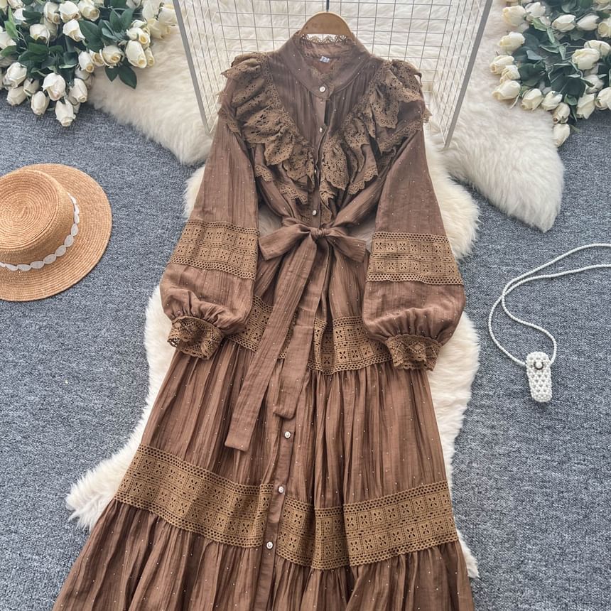 Long Sleeve Stand Collar Plain Tiered Button Panel Lace Maxi A-Line Dress