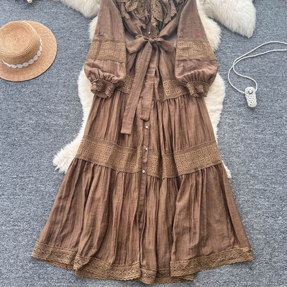 Long Sleeve Stand Collar Plain Tiered Button Panel Lace Maxi A-Line Dress